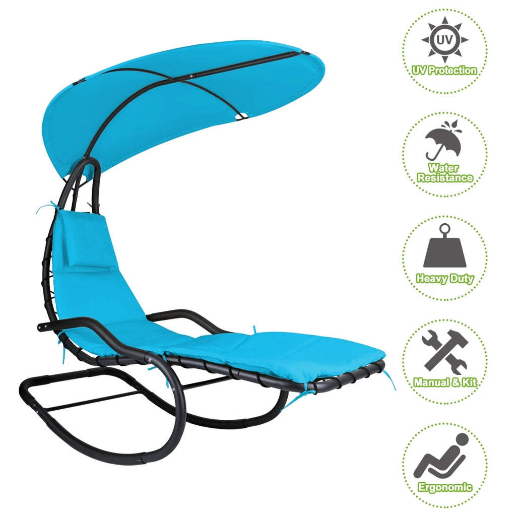 2X Rocking Hanging Lounge Chair - Curved Chaise Rocking Lounge Chair Swing For Backyard Patio w/ Built-in Pillow Removable Canopy with stand {Green}