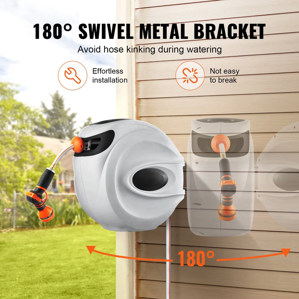 BENTISM Retractable Hose Reel, 115 ft x 1/2 inch, 180�� Swivel Bracket Wall-Mounted, Garden Water Hose Reel with 9-Pattern Nozzle, Automatic Rewind, Lock at Any Length, and Slow Return System