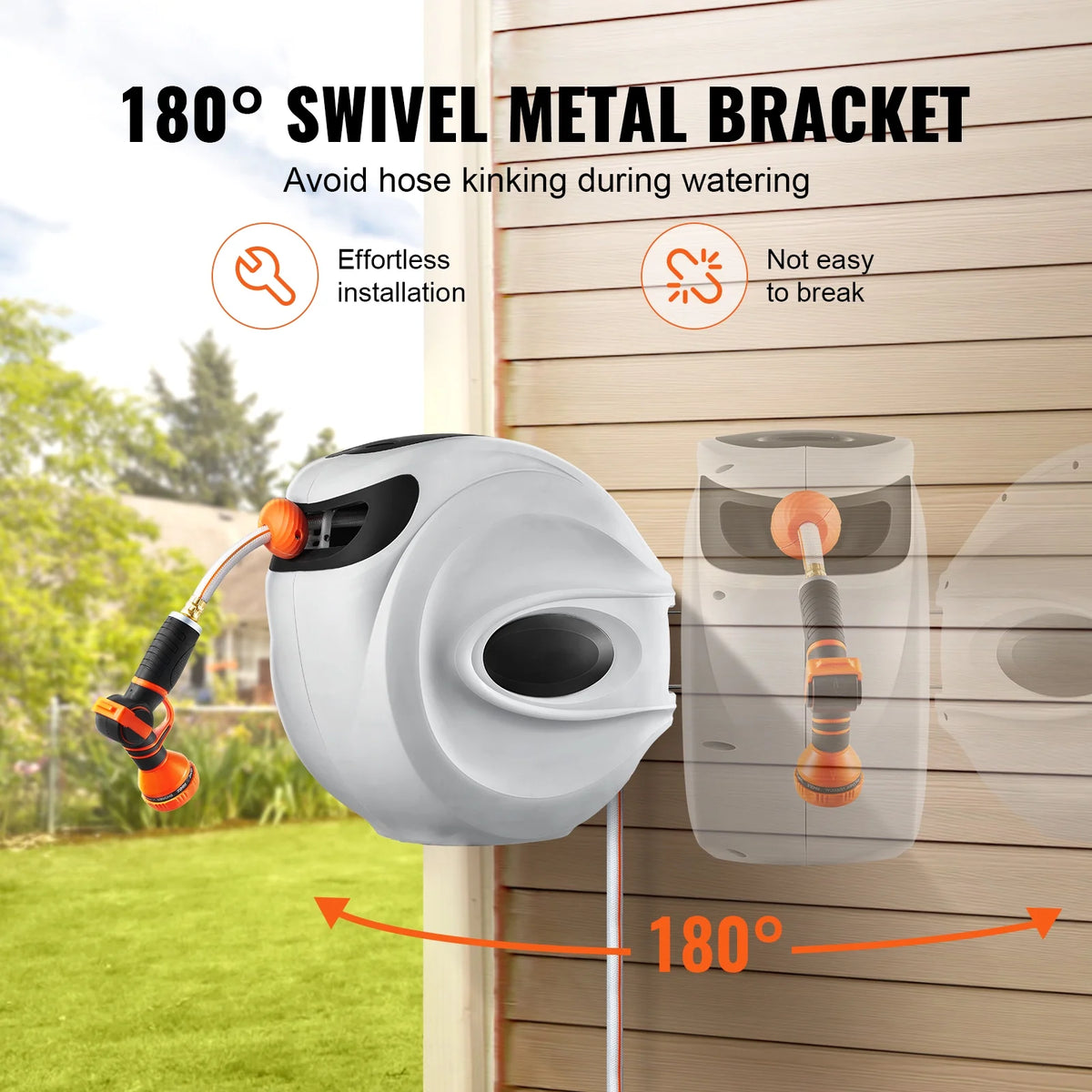 BENTISM Retractable Hose Reel, 115 ft x 1/2 inch, 180�� Swivel Bracket Wall-Mounted, Garden Water Hose Reel with 9-Pattern Nozzle, Automatic Rewind, Lock at Any Length, and Slow Return System