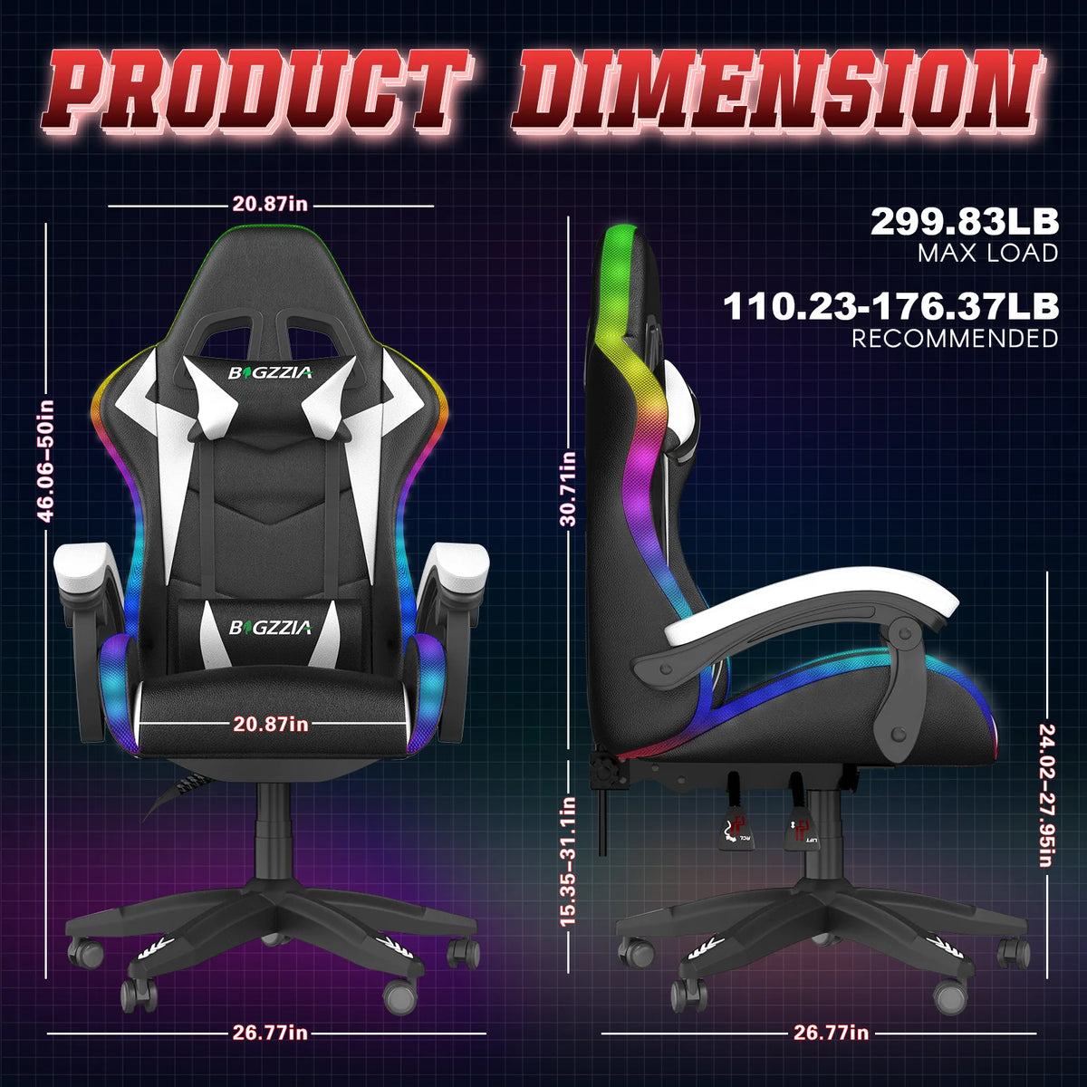 Bigzzia Gaming Chair with LED Lights Ergonomic Office Chair for Adults and Kids - Adjustable Height, 360�� Swivel, Headrest Support, Mesh PU Leather, Black & Green