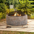 Sunjoy Stone Fire Pit 26 Inch, Outdoor Round Wood Burning Fire Pits with Spark Screen and Poker  Grey