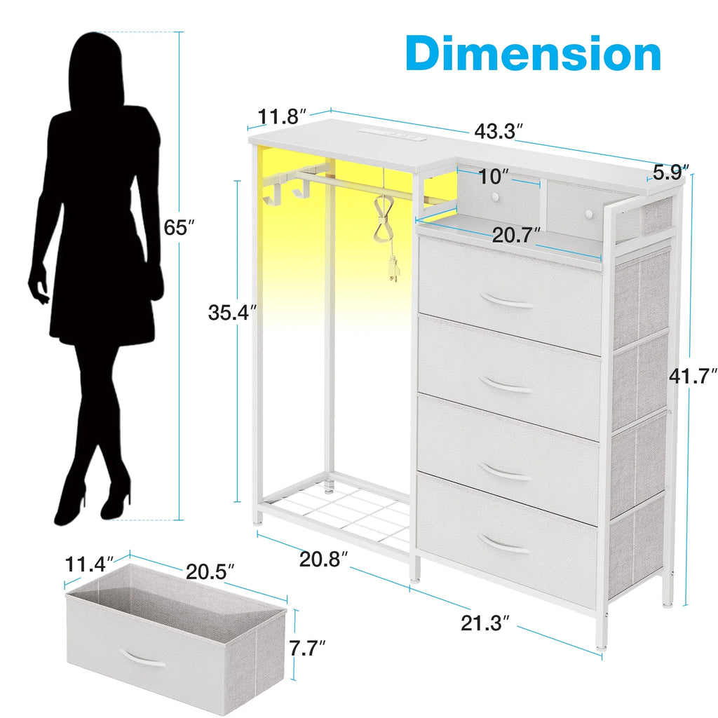 Dresser for Bedroom with Clothes Rack, 6 Drawers Dresser with Charging Station & LED Lights, White Storage Chest of Shelf for Bedroom, White