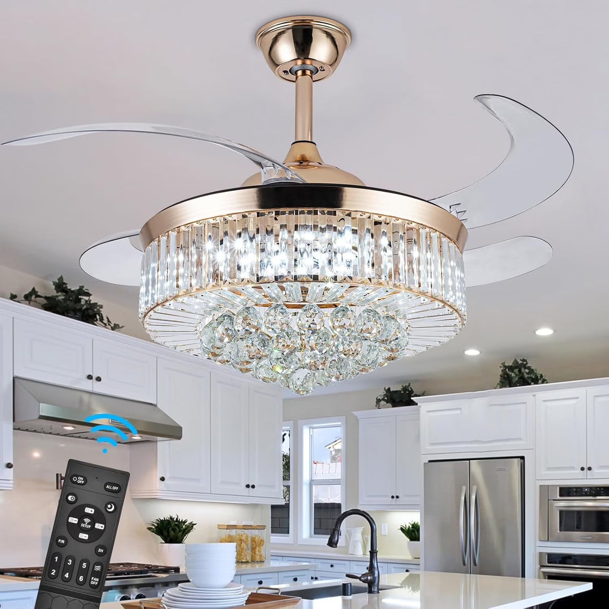Datingday 42 Inch Crystal Ceiling Fan Golden Crystal Ceiling Fan Chandelier with Remote 6 Speeds 3 Colors Changes Lighting Fixture, 4 Blades Retractable Fans for Bedroom Living Room Dining Room