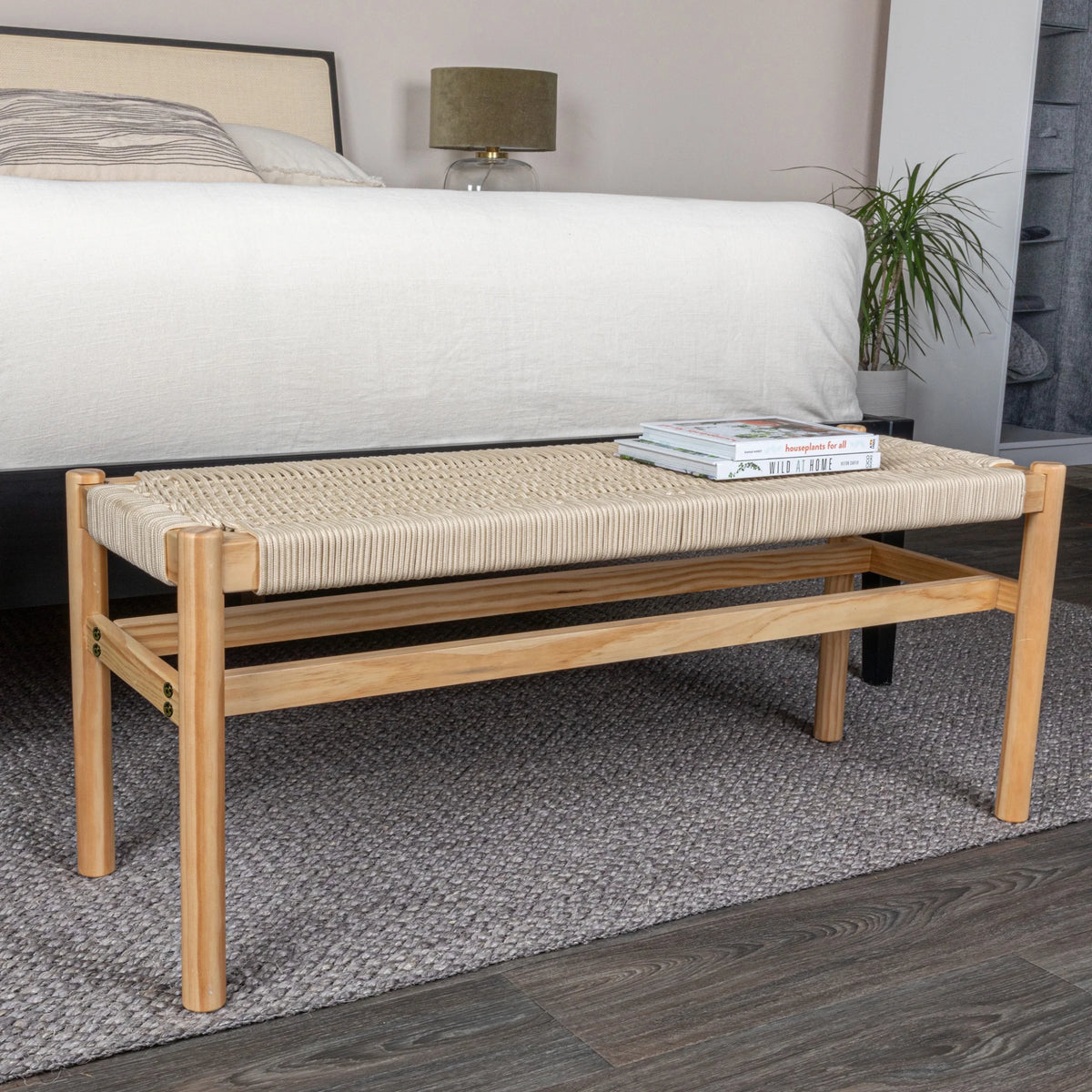 Main + Mesa Fernway Solid Wood and Woven Rope Entryway Bench, Moss Green