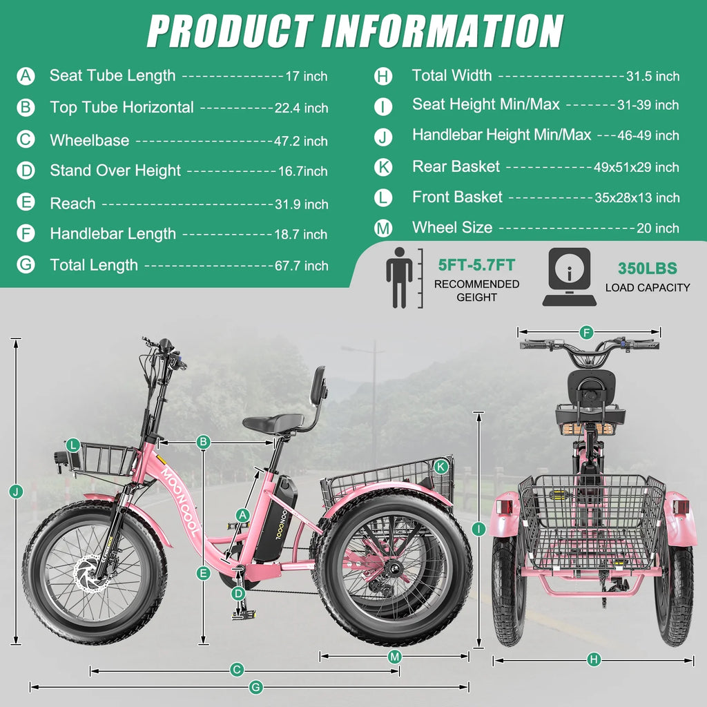 20" x 4" Fat Tire Electric Tricycle for Adult, 7 Speeds Electric Trike 48V 500W Motorized Tricycle , Electric Three Wheels Bicycle for Senior, Aluminum Frame & Rear Basket ,16mph