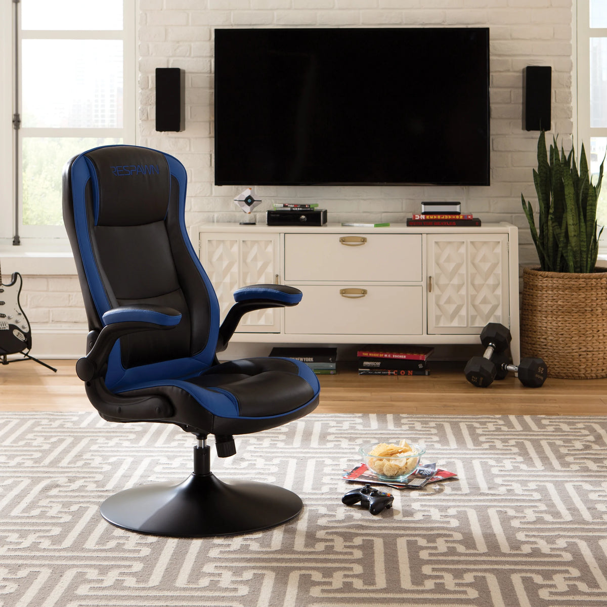 RESPAWN 800 Swivel Rocker Gaming Chair - Ergonomic Floor Gaming Seat with Lumbar Support, Flip Up Armrest, High Back, Pedestal Base, Comfortable No Wheels Console Video Game Rocker Chair - Red