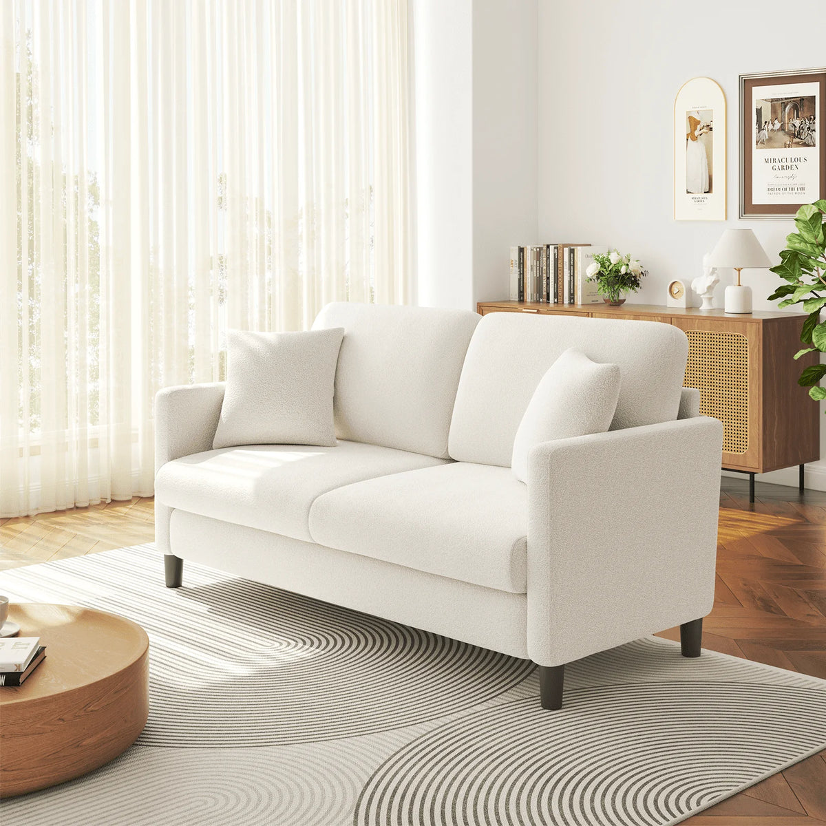 Loveseat Sofa,65" Comfy Teddy Fleece Love Seat Couch,Neche Extra Deep Seats Sofas,Tool-Free Setup Couch with 2 Pillows for Living Room,Coffee Brown