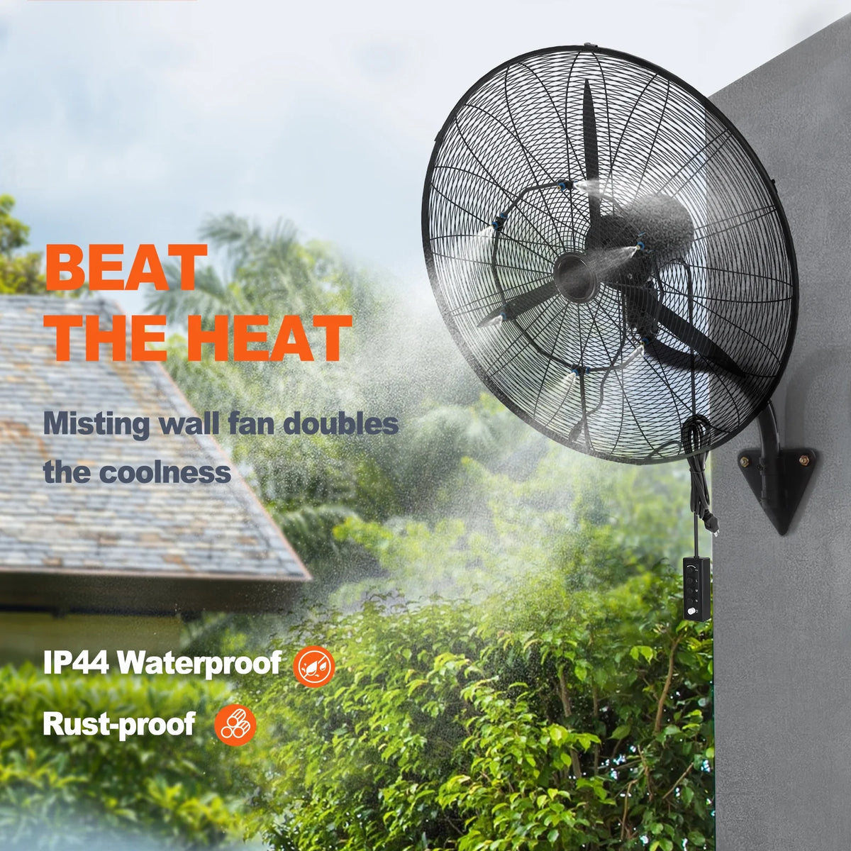 VEVOR Wall-Mount Misting Fan Oscillating Metal Fan 24.3'' 3 Speed Waterproof