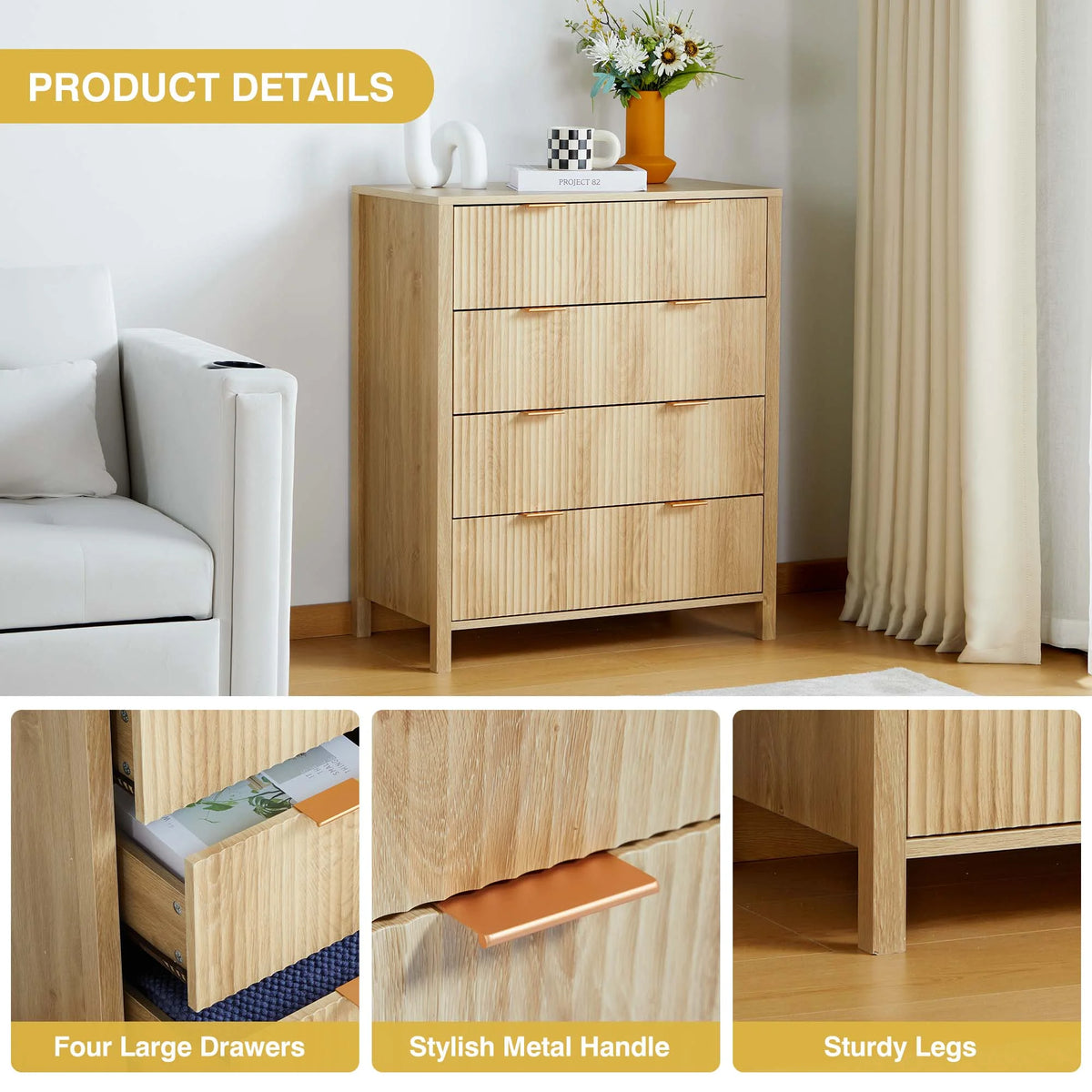 YOCWO Fluted Nightstand for Bedroom Set of 2 , Wood Bedside Table Set of 2 with Drawers, Black