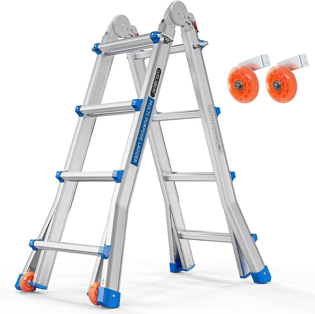 LUISLADDERS Ladder, A Frame 6 Step Ladder Telescoping Ladder, 22 Ft Reach Height Muti Position Folding Ladder Flared Leg & Wheels Design, 330 lbs Capacity Extension Ladder for Household Outdoor Work
