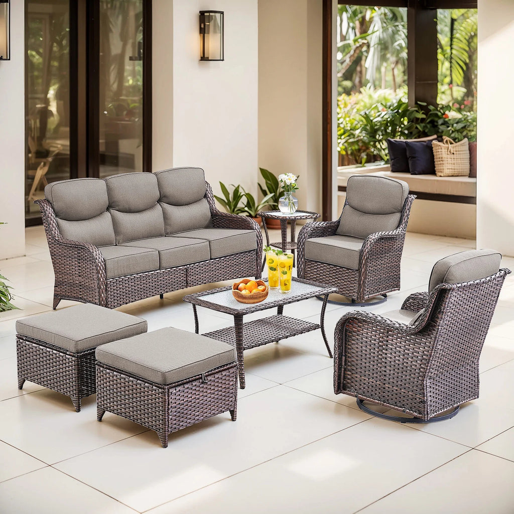 Bellefurn Luxury Outdoor Patio Furniture Set,Swivel Rocker Patio Chairs with 6-inch Thick Cushion,Patio Sofa and Glass Coffee Table,Outdoor Conversation Set for Porch, Deck, Yard
