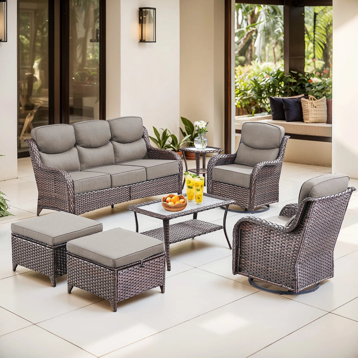 Bellefurn Luxury Outdoor Patio Furniture Set,Swivel Rocker Patio Chairs with 6-inch Thick Cushion,Patio Sofa and Glass Coffee Table,Outdoor Conversation Set for Porch, Deck, Yard