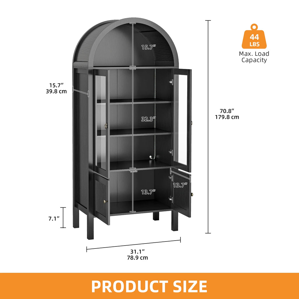 Craftian Arched Kitchen Pantry Storage Cabinet with LED Lights & Glass Doors, Display Cabinet, Natural