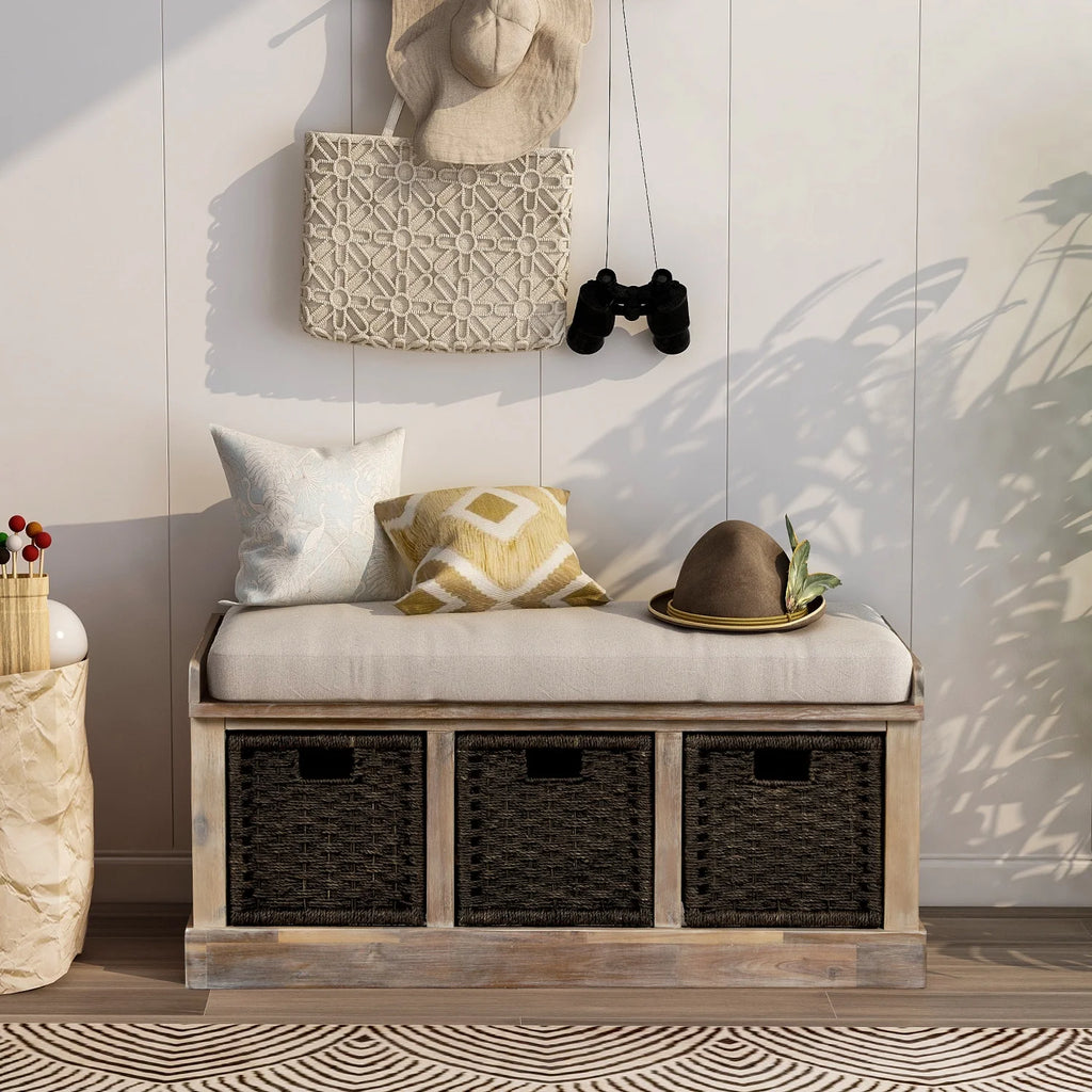 Entryway Storage Bench with 3 Woven Baskets and Removable Cushion, Entry Hallway Foyer Shoe Bench End of Bed Bench, Fully Assembled, 41.3" L x 15.7" W x 17" H (White&nbsp;Washed)