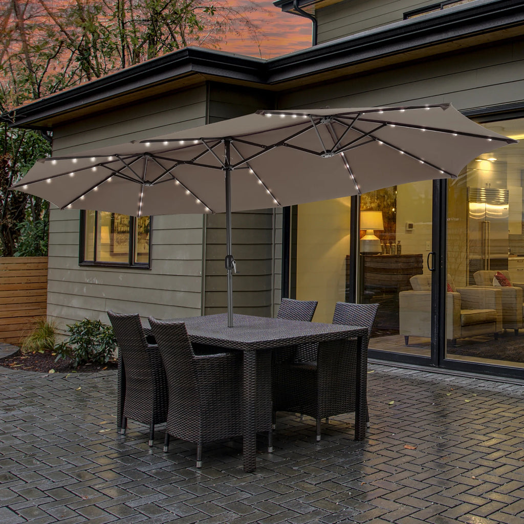 Costway 15FT Twin Patio Double-Sided Umbrella 48 Solar LED Lights Crank Outdoor Beige