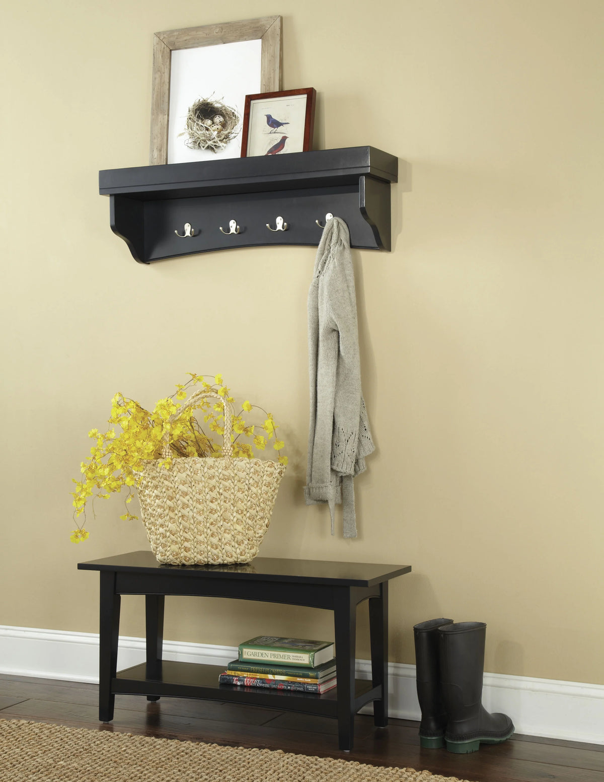 Alaterre Shaker Cottage Storage Bench/Coat Hooks with Tray, Black