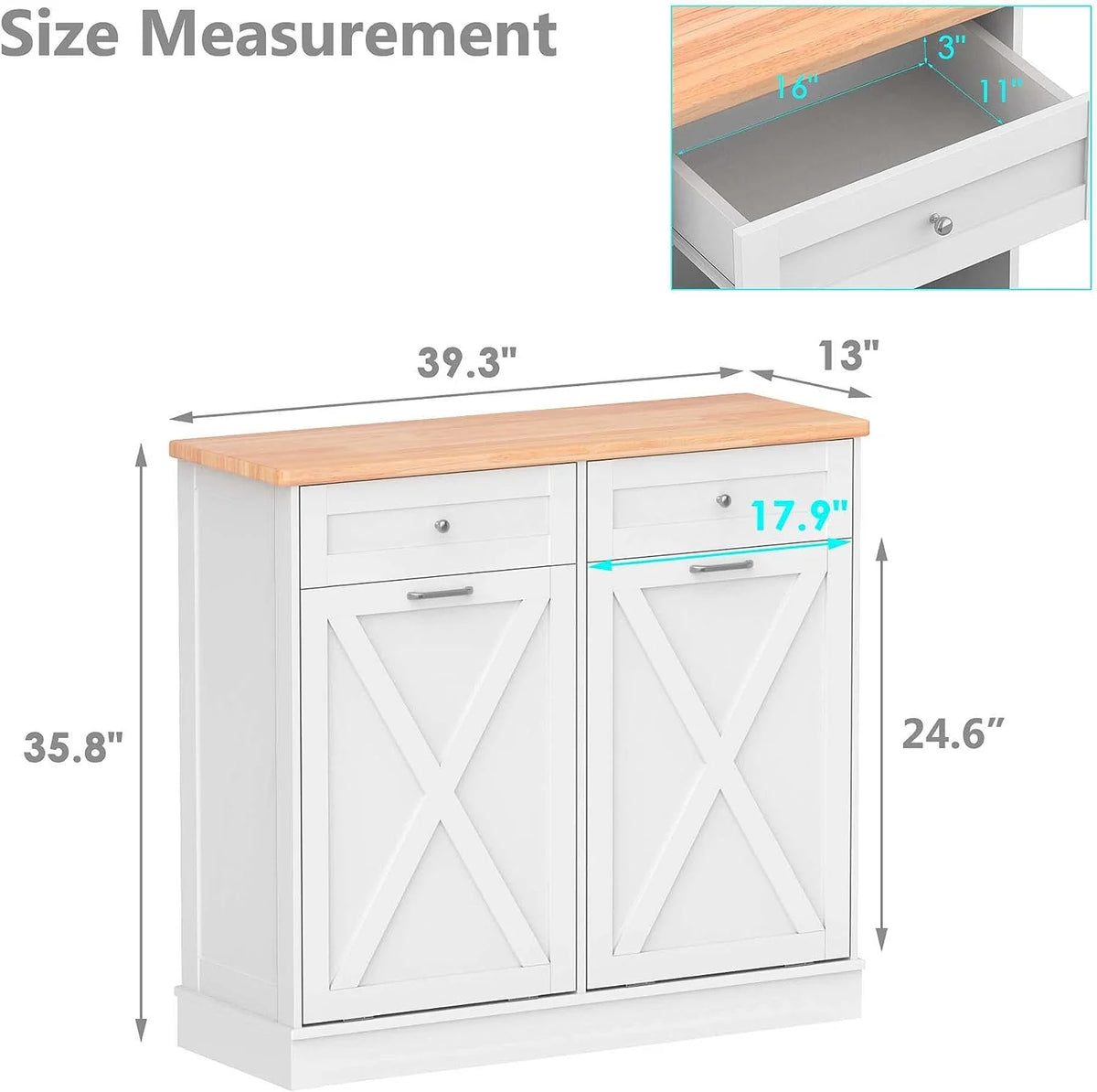 Tolead Double Tilt Out Trash Cabinet, Wooden Free Standing Laundry Sorter Cabinet, with Hideaway Drawer, White