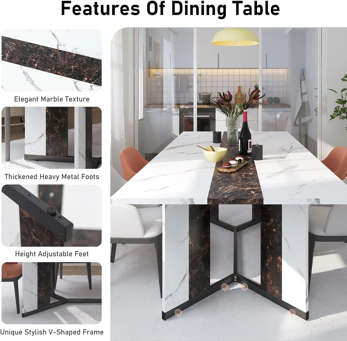 71 inch Large Rectangular Dining Table for 6-8 People, Dining Table with Marble-Color Wood Waterproof Tabletop and Adjustable Leg, 6ft Luxurious Family Dinner Table for Office Kitchen Living Room