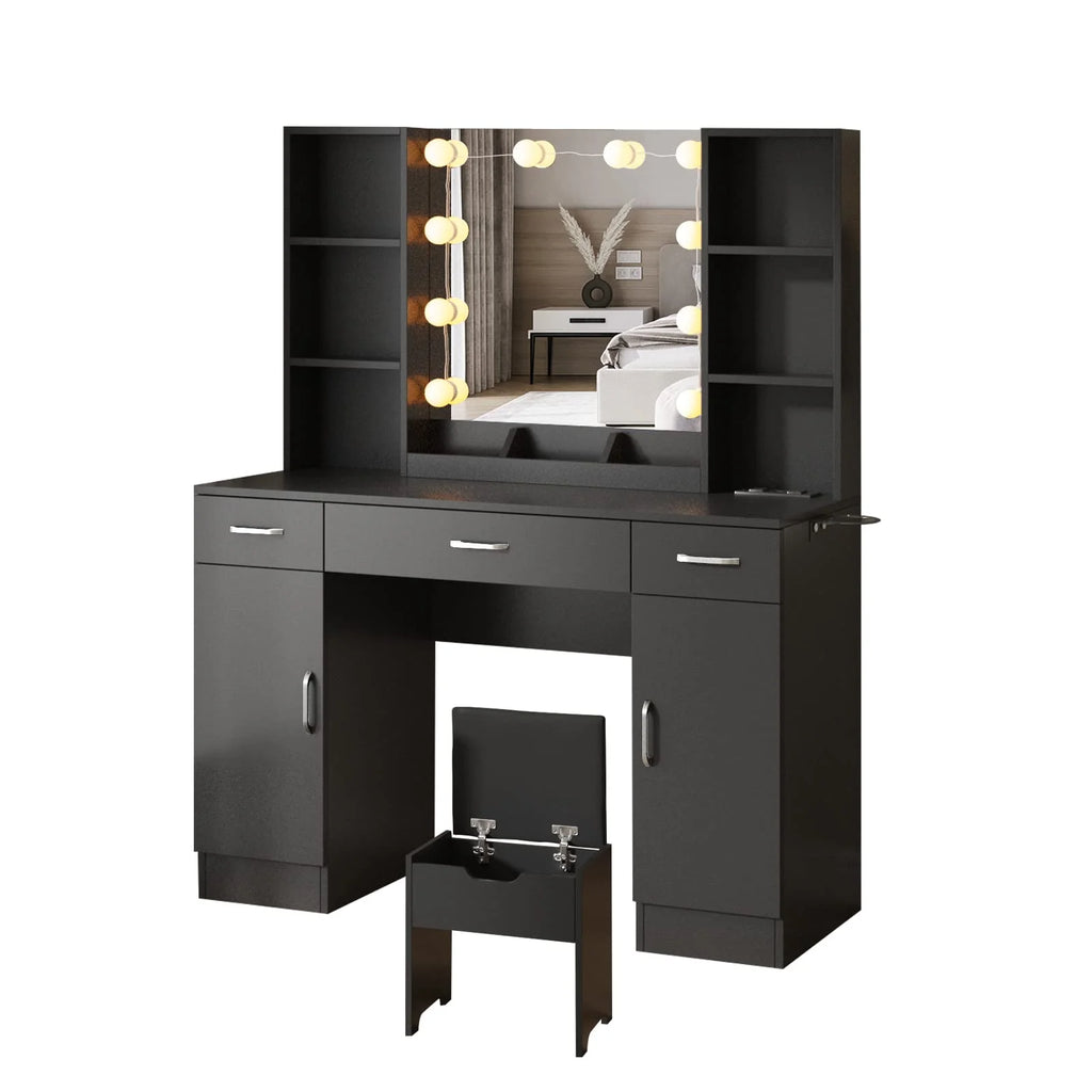 VEANERWOOD Large Makeup Vanity Set with Light Modern Makeup Vanity Table with Storage and Adjustable Lighting Colors for Bedroom 45.2in, White