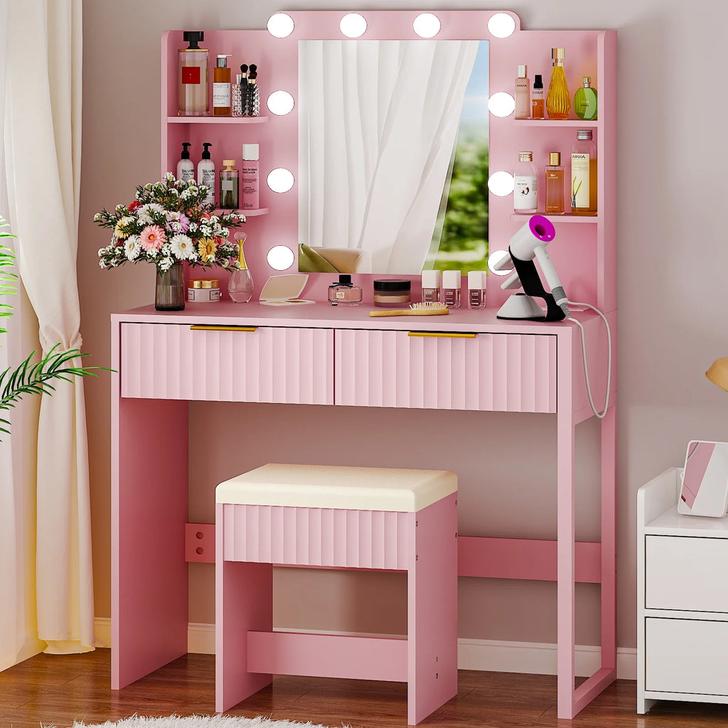 Ktaxon Lighted Makeup Vanity, White Vanity Table Set with 2 Drawer and Charging Station, Femal Gift
