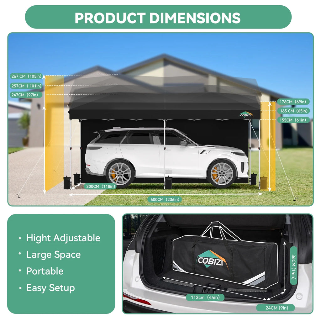Hoteel Carport Canopy 10x20 Pop Up Shelter with Instant 1-Button Push Center Lock, UV Resistant All-Weather Cover with 2 Sidewalls, Heavy Duty Waterproof Canopy Tent for Cars, Trucks, Boats, White