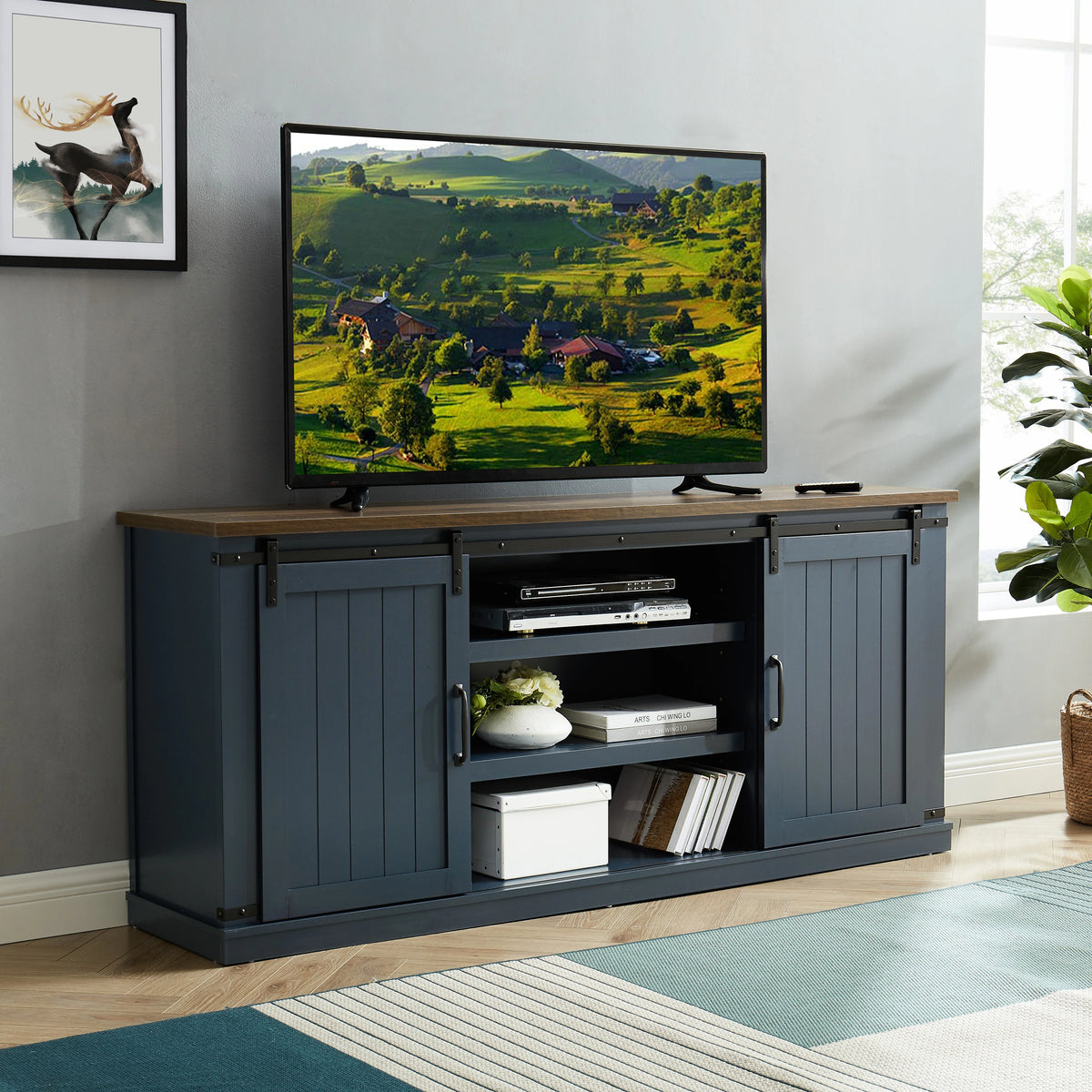 FESTIVO Farmhouse TV Stand for 75" TV, Entertainment Center, Sliding Barn Door TV Stand, 68 inch TV Console Table, Home Living Room Media Console with Adjustable Shelf - Off White
