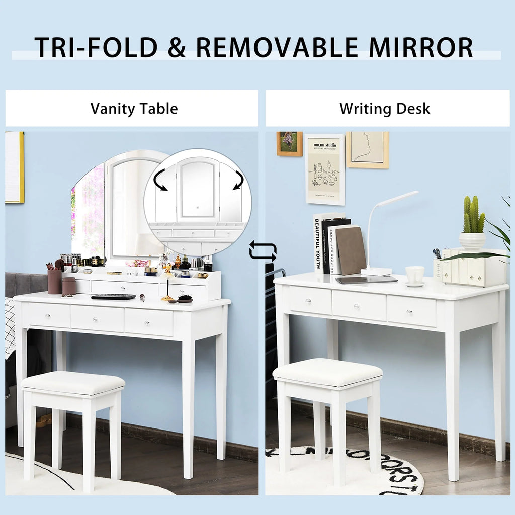 Costway Vanity Table Stool Set Large Tri-folding Lighted Mirror 6 Drawer Dresser White