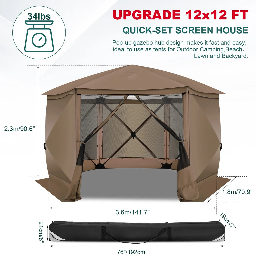 COBIZI 12'x12' Pop-up Gazebo Outdoor Camping Tent with 6 Sides Mosquito Netting, Waterproof, UV Resistant, Portable Screen House Room, Easy Set-up Party Tent with Carry bag, Ground Spike, Brown