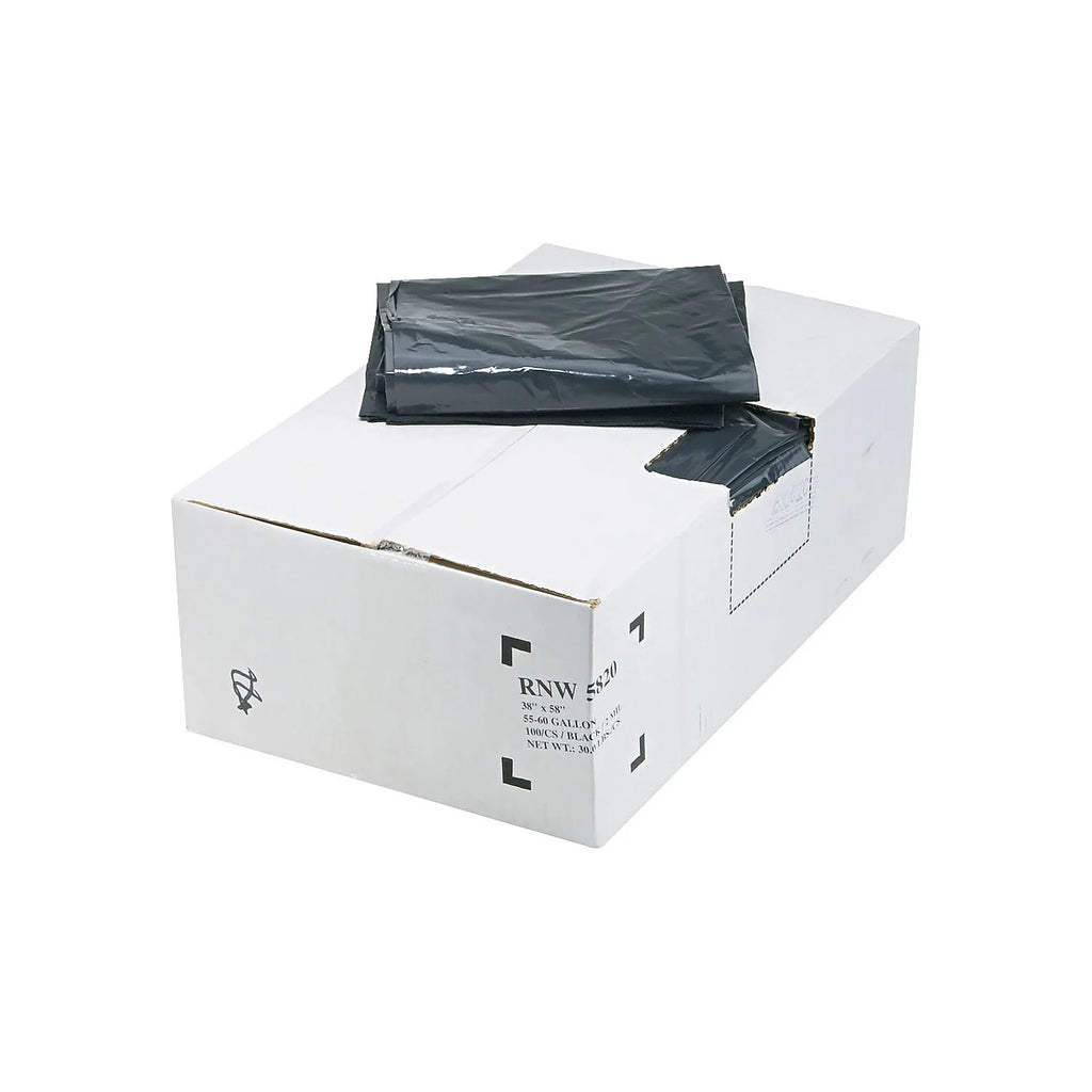 55 Gallon Black Garbage Bags, 38x58, 2mil, 100 Bags (WBIRNW5820)