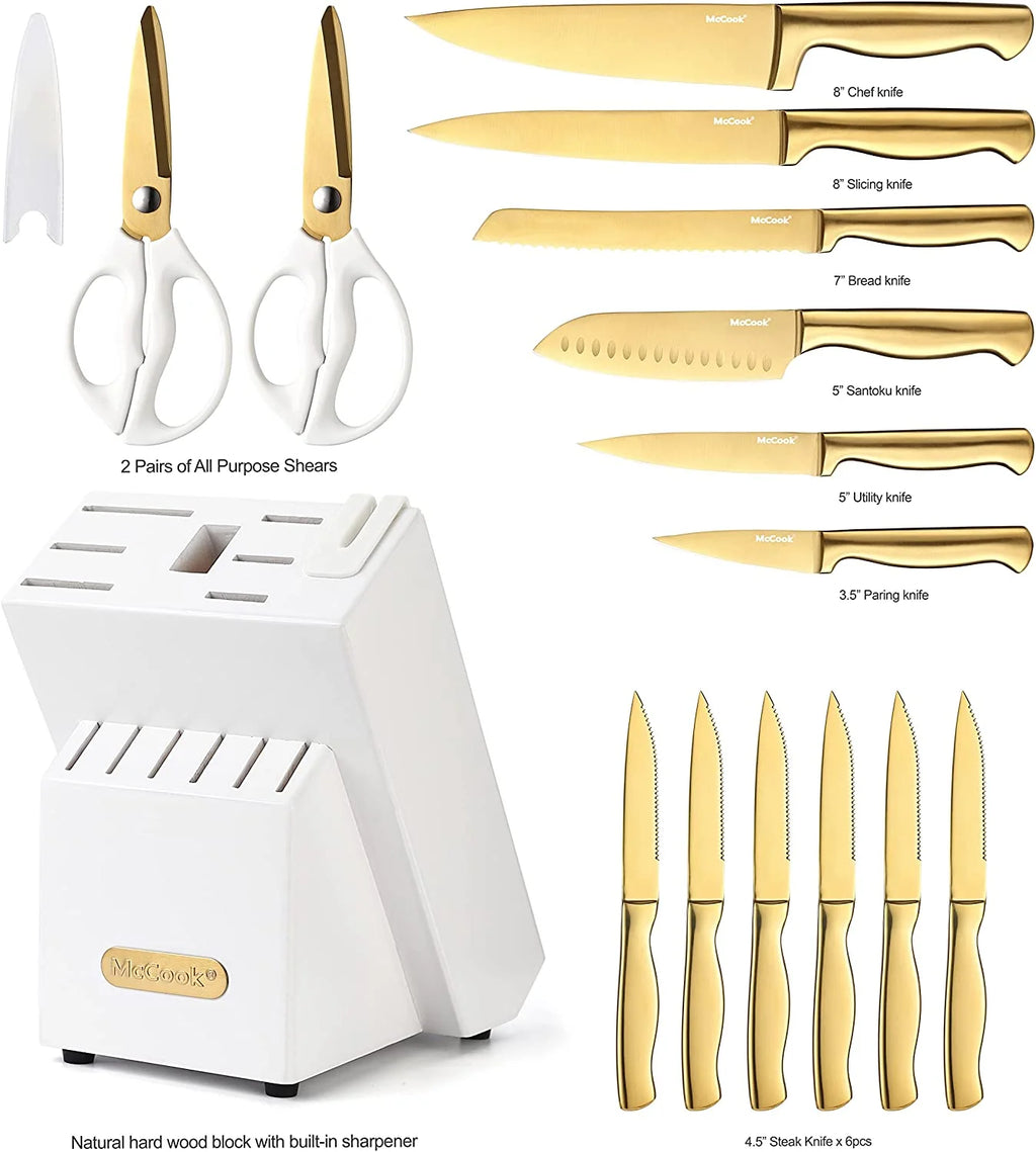 McCook MC29 Knife Sets, 15 Pieces German Stainless Steel Kitchen Knife Block Sets with Built-in Sharpener