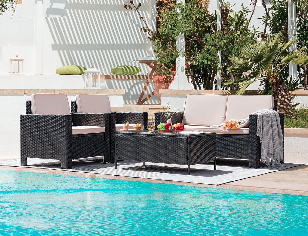 Lacoo 4 Pieces Patio Furniture Sets Rattan Chair Wicker Conversation Sofa Set Outdoor Tble and Chairs for Backyard Porch Garden Poolside Balcony, White