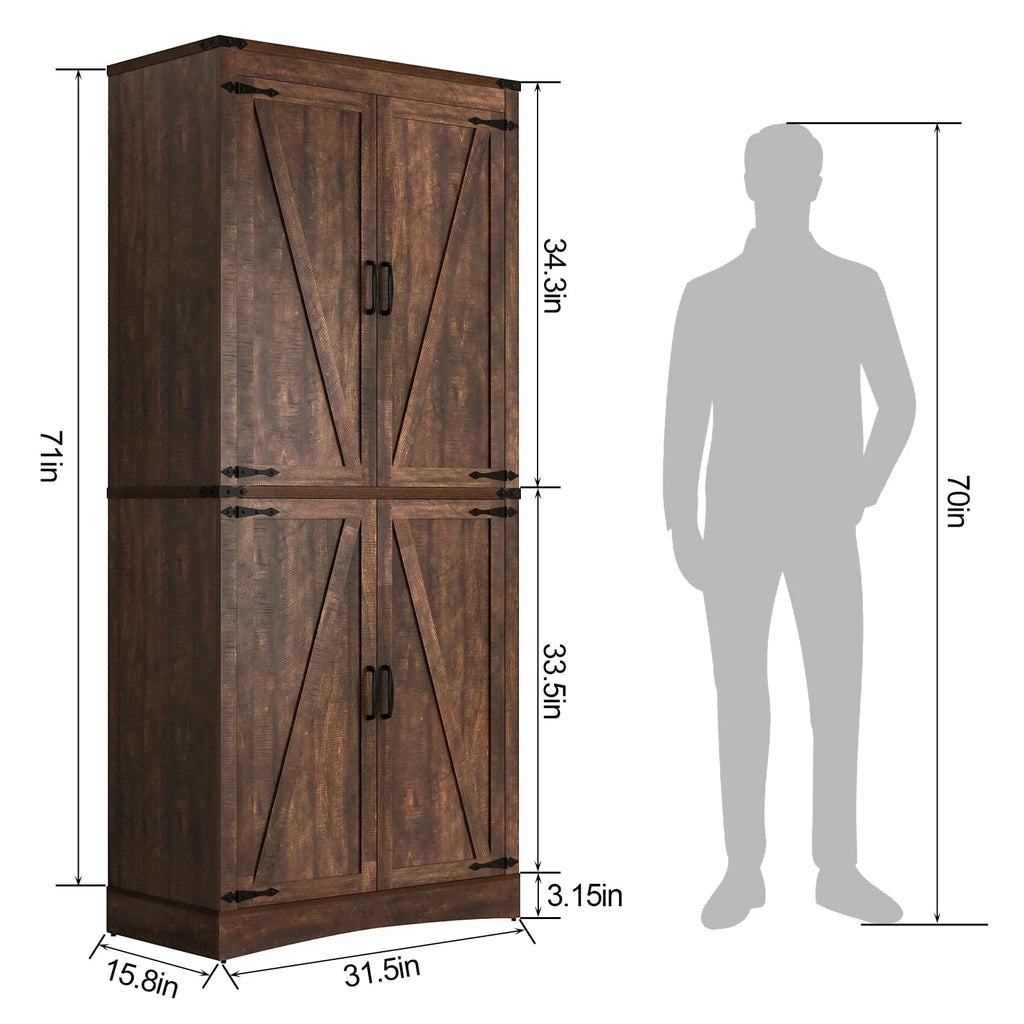 71" Tall Farmhouse Kitchen Pantry Cabinet, 5 Layers Storage Cabinet with Adjustable Shelves, Farmhouse Pantry Cabinet with 4 Barn Doors for Kitchen, Dining Room, Bathroom, Living Room, Rustic White