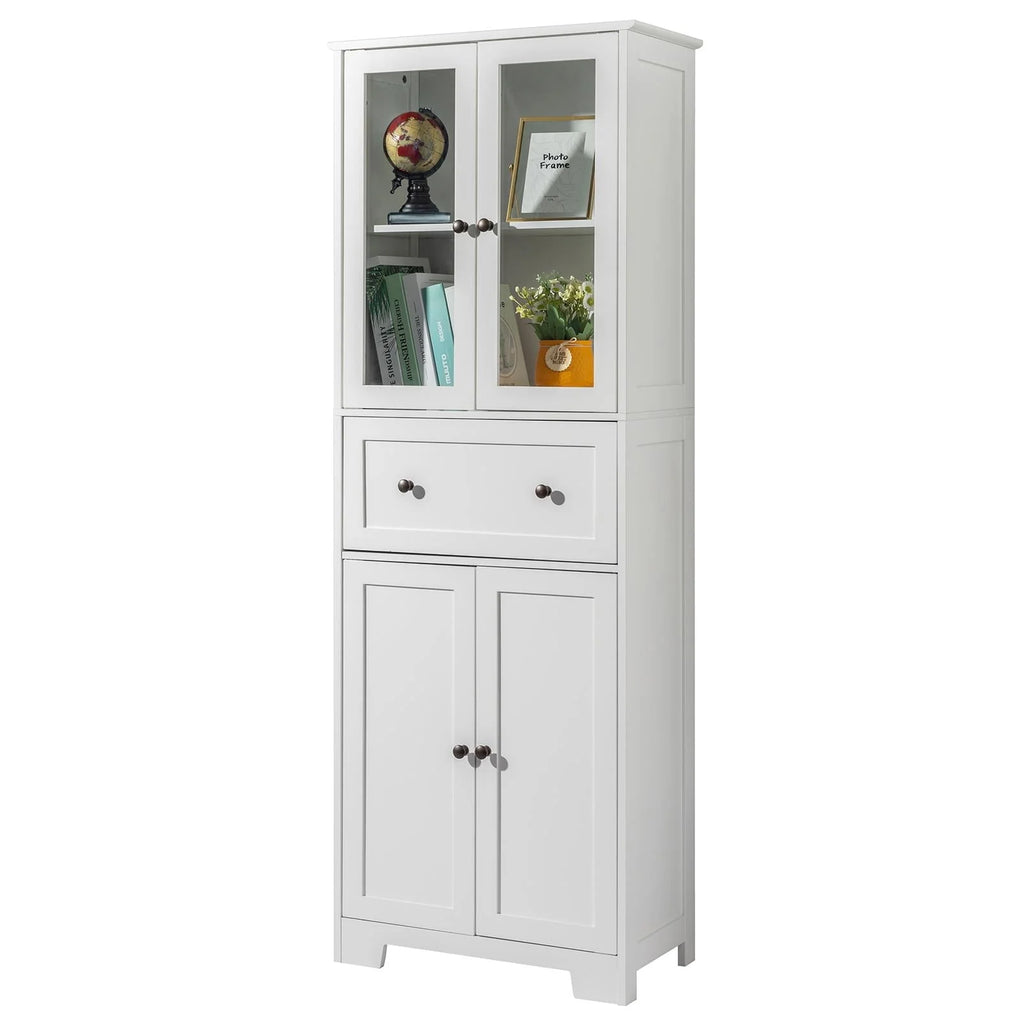 Ktaxon 64" Tall Bathroom Storage Cabinet Organizer, Freestanding Kitchen Pantry Cabinet Line Tower with 2 Glass Doors, Large Drawer & 4 Adjustable Shelves for Dining Room Living Room Home Office,White