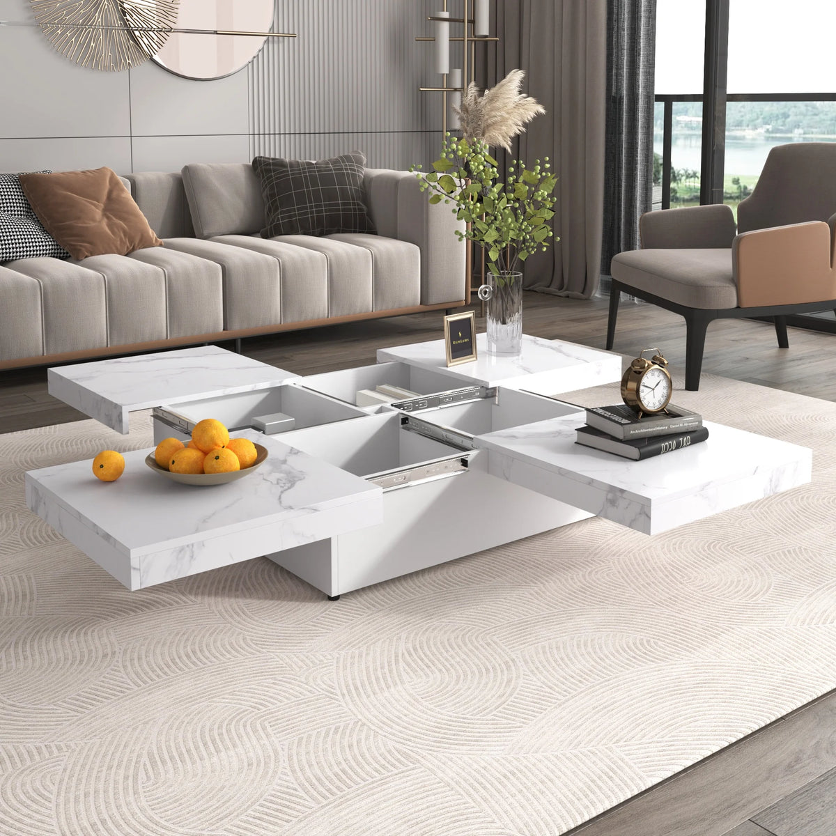 PORKISS Square Coffee Table, Modern Coffee Table with Sliding Top and Storage Space, Cocktail Table with Storage and Grain Veneer Finish, Freestanding Storage Coffee Table for Living Room, Walnut