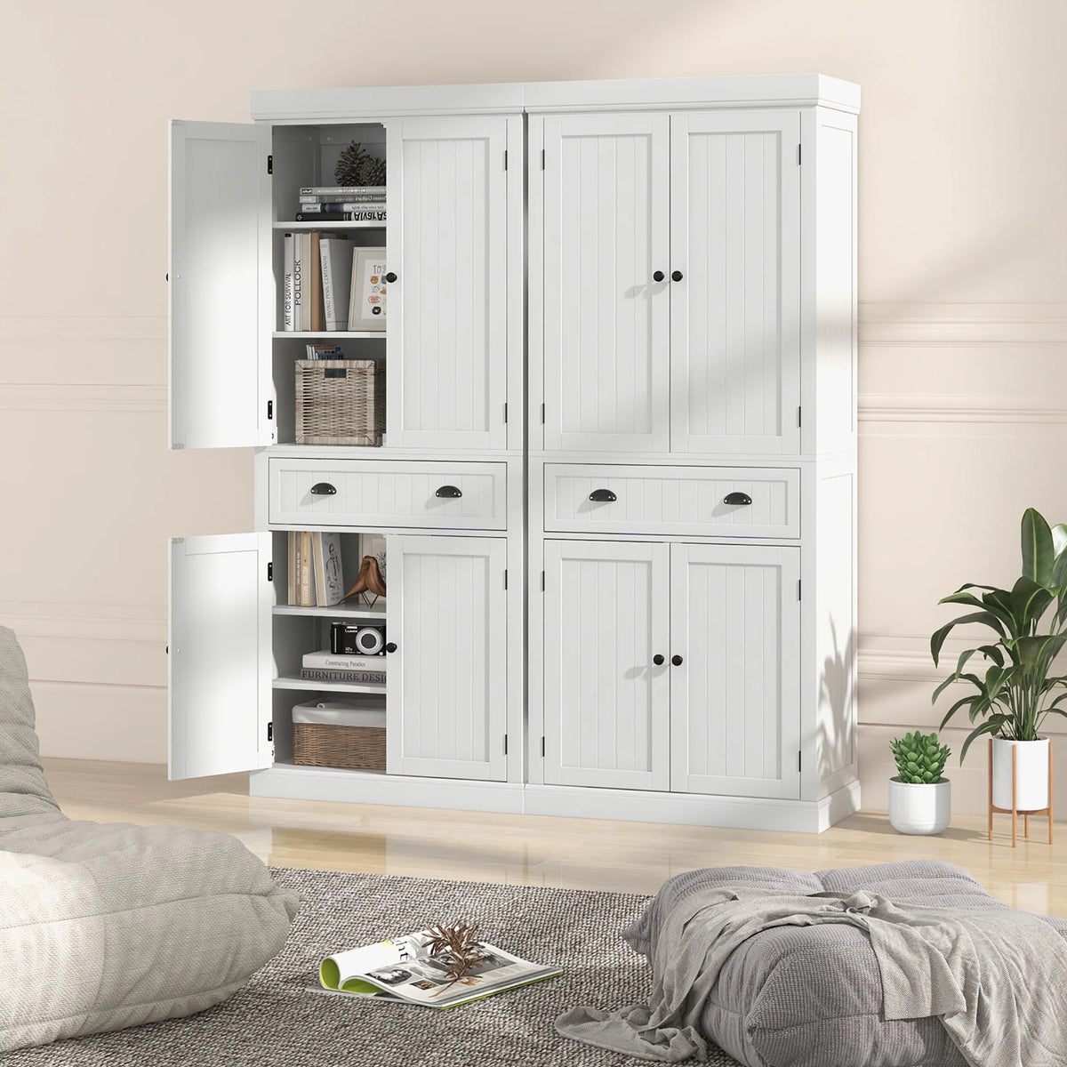 Gymax 72'' Kitchen Pantry Storage Cabinet Tall Freestanding Cupboard w/ 4 Doors Large Drawer White