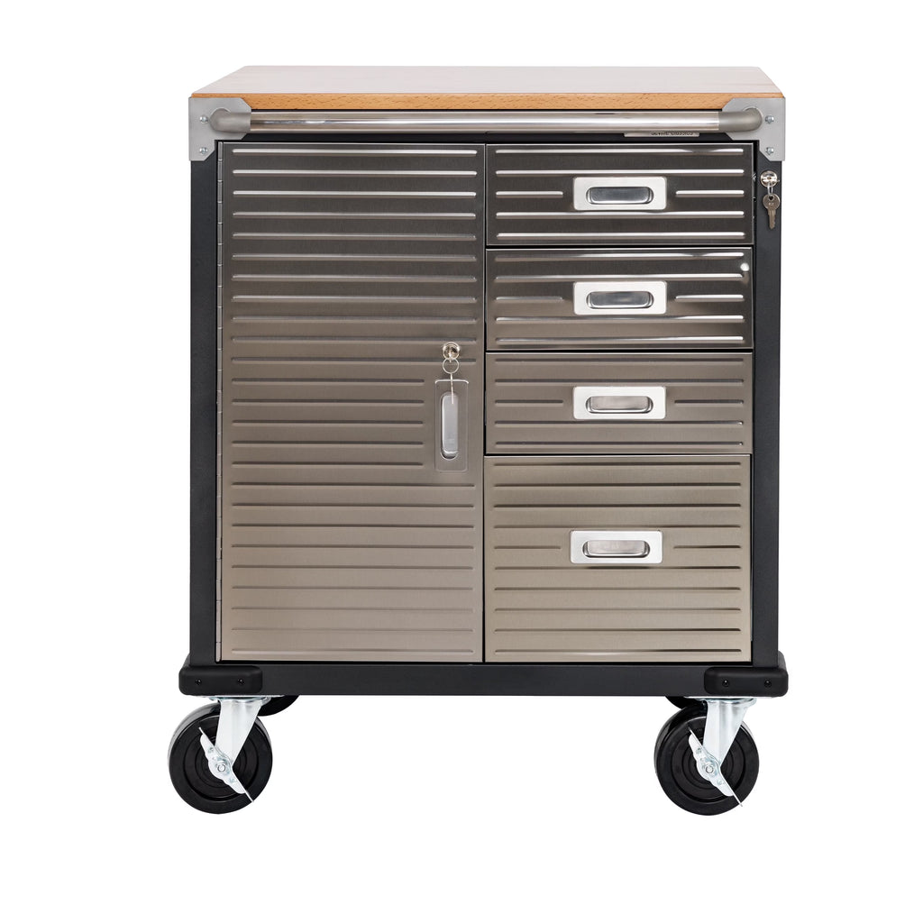 Seville Classics UltraHD® Heavy Duty Rolling Cabinet Workbench Table w/ Solid Wood Top, Workstation for Garage, Office, Workshop, Granite, 1-Door, 4-Drawer (28" W x 25" D)