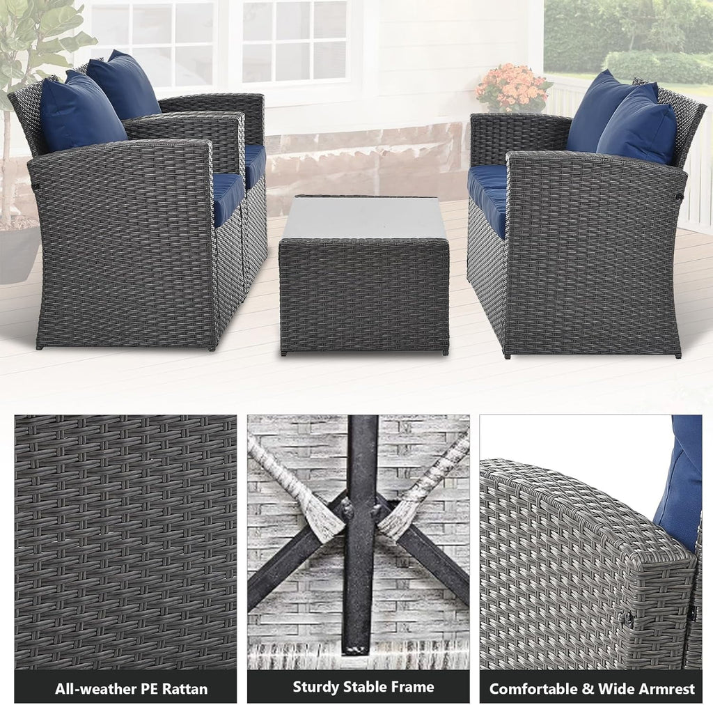 HighSound 4 Piece Patio Furniture Set, Outdoor Wicker Patio Sectional Sofa, All Weather PE Rattan Outdoor Sectional with Cushions & Coffee Table, Dark Gray