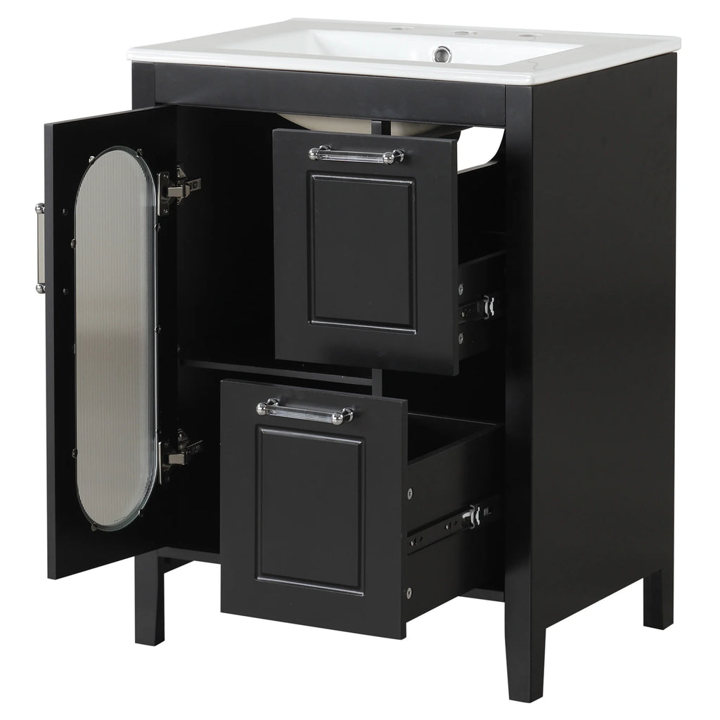Soges 24" Bathroom Vanity with Ceramic Sink, Solid Wood Bathroom Makeup Cabinet with Door, Adjustable Shelf and 2 Drawer, Free Standing Single Basin Vanity Set for Small Bathroom, White