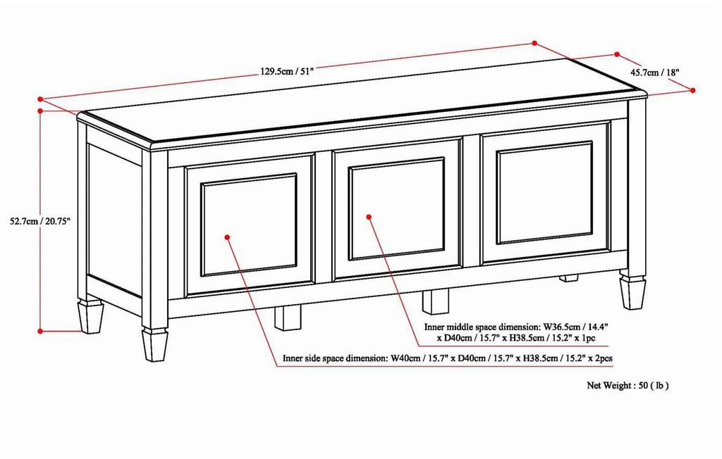 Simpli Home Connaught SOLID WOOD 51 inch Wide Traditional Storage Bench Trunk in Dark Chestnut Brown