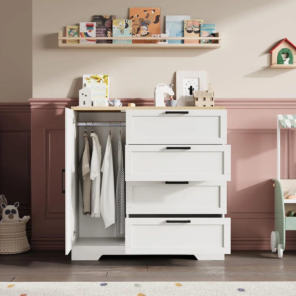 Ataucjin Wood Armoire Wardrobe Closet with 4 Drawers and Door, 43.3" H Bedroom Wardrobe Cabinet with Hanging Rod, Clothing Storage Cabinets, 4 Drawers Dresser with Storage Closet