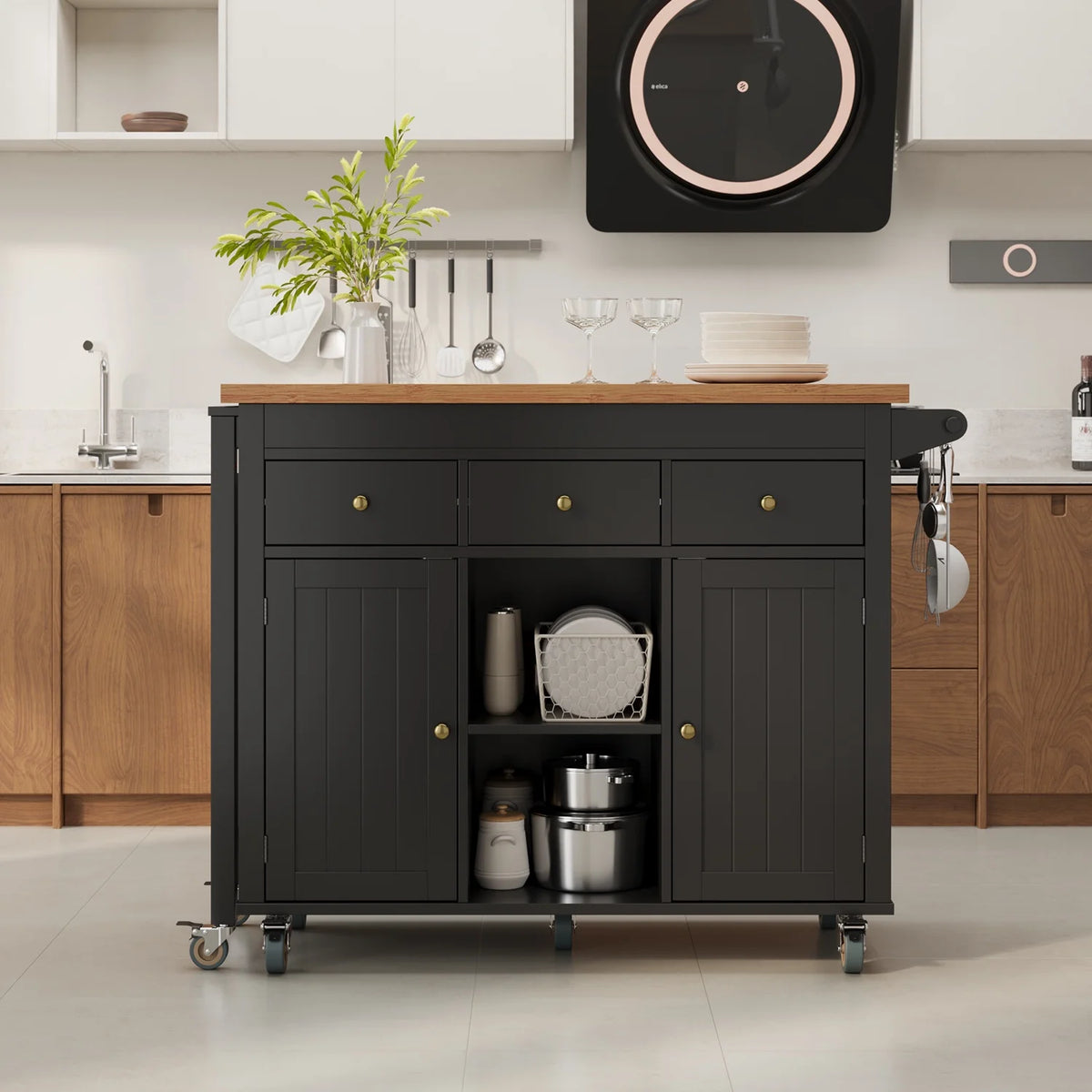 Noelse Rolling Kitchen Island with Drop Leaf Table and Hidden Trash Cabinet, Mobile Kitchen Cart with Storage Drawer, Adjustable Shelves & Rubberwood Countertop on Wheels, White