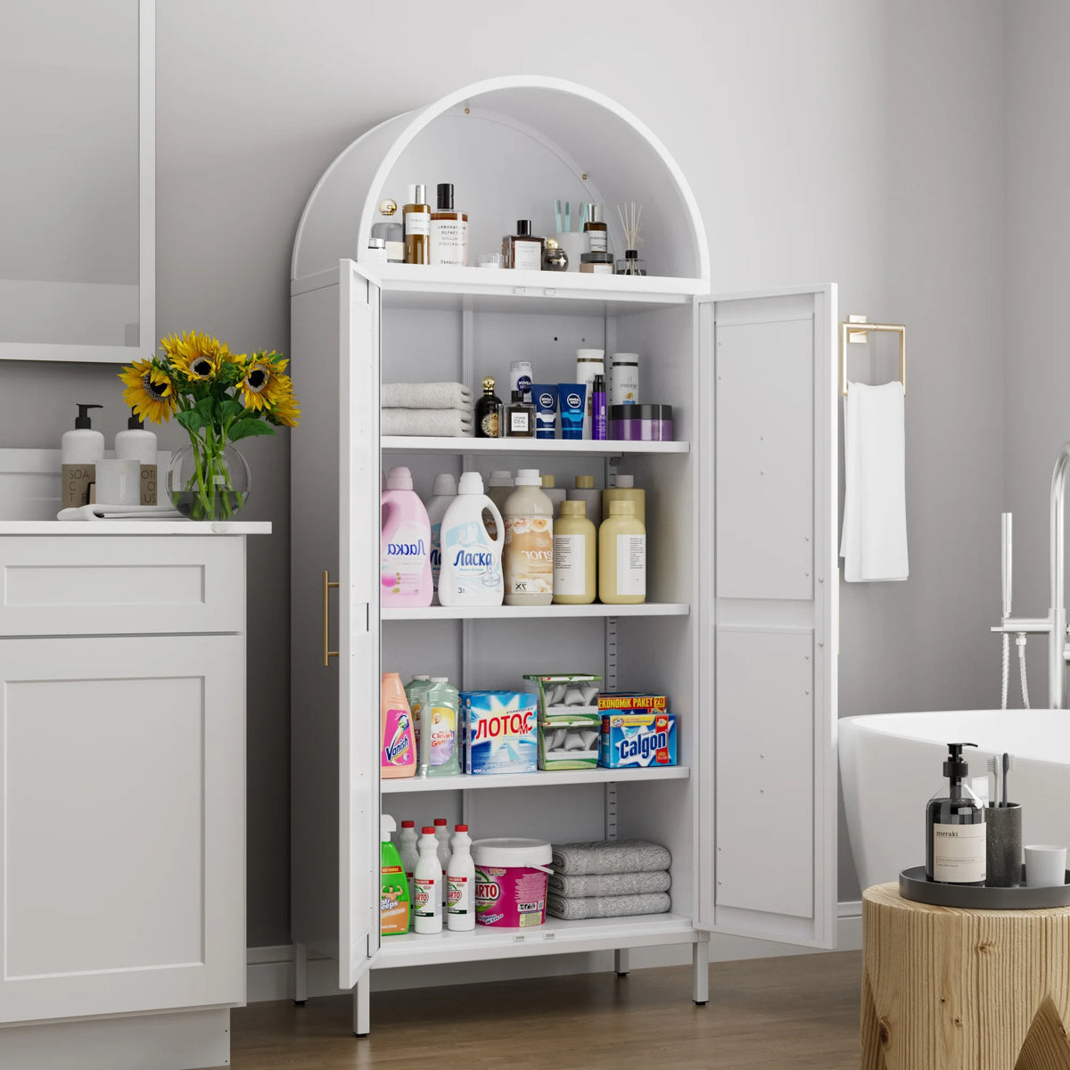 SUPEER Metal Arched Storage Display Cabinet with Glass Doors and Adjustable Shelves, Lockable Cabinet, Assembly Required, Black