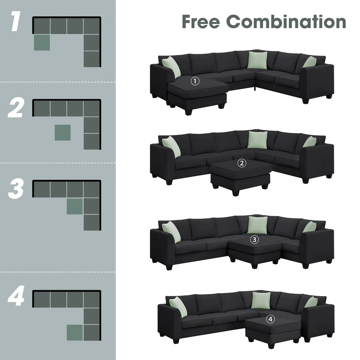 L-Shaped Modular Sectional Couch, KAMIDA 7-Seater Sectional Couch with Ottoman and 3 Pillows, Modern L-Shaped Fabric Upholstered Couch Furniture, Heavy Duty Sectional Couch for Living Room, Black