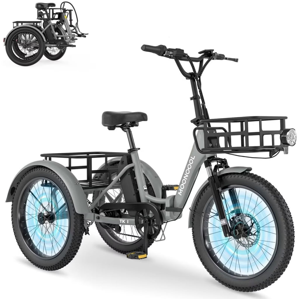 MOONCOOL TK1 Folding Electric Tricycle for Adults,48V 14.5Ah Removable battery, 500W��Peak 1000w��Motor, 20" Fat Tire Step-Thru 3Wheel Electric Bicycle w/Front&Rear Baskets, Certified to UL 2849 by SGS