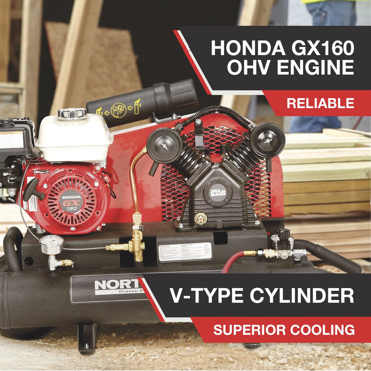 NorthStar Wheelbarrow Air Compressor, Gas-Powered Honda GX160 OHV Engine, 8-Gallon Twin Tank, 13.7 CFM @ 90 PSI