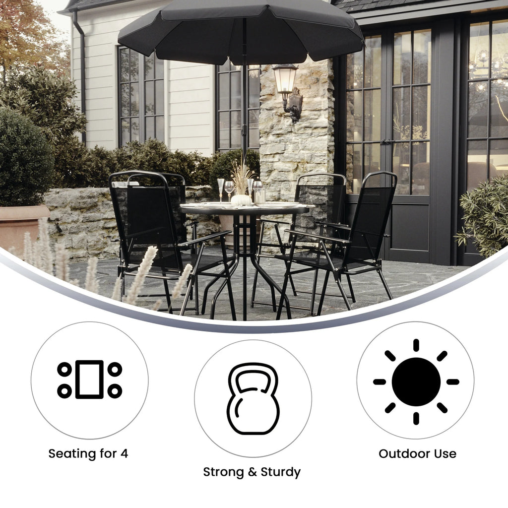 Flash Furniture Nantucket 6 Piece Black Patio Garden Set with Umbrella Table and Set of 4 Folding Chairs