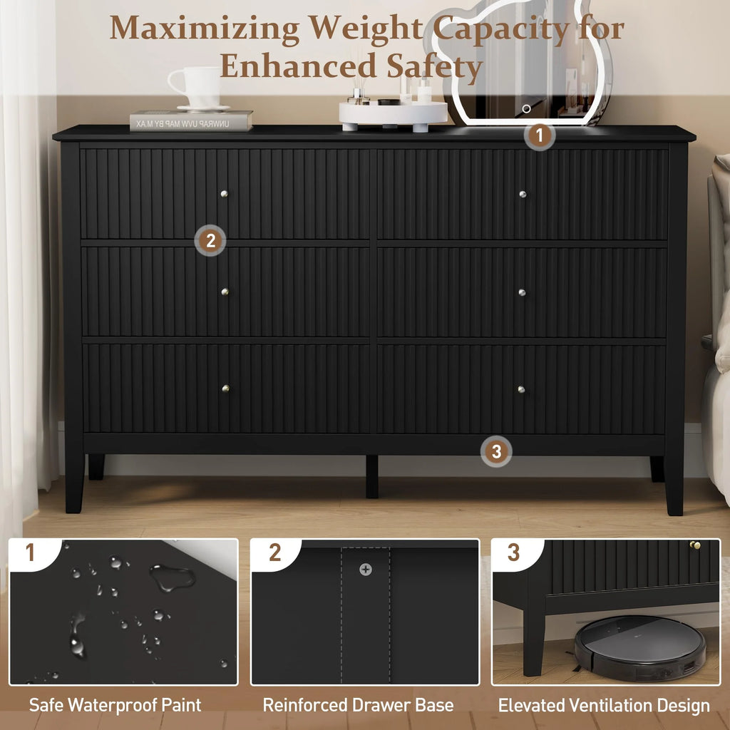 Heynemo Beige 6 Drawer Dresser, Fluted Modern Wood Chest