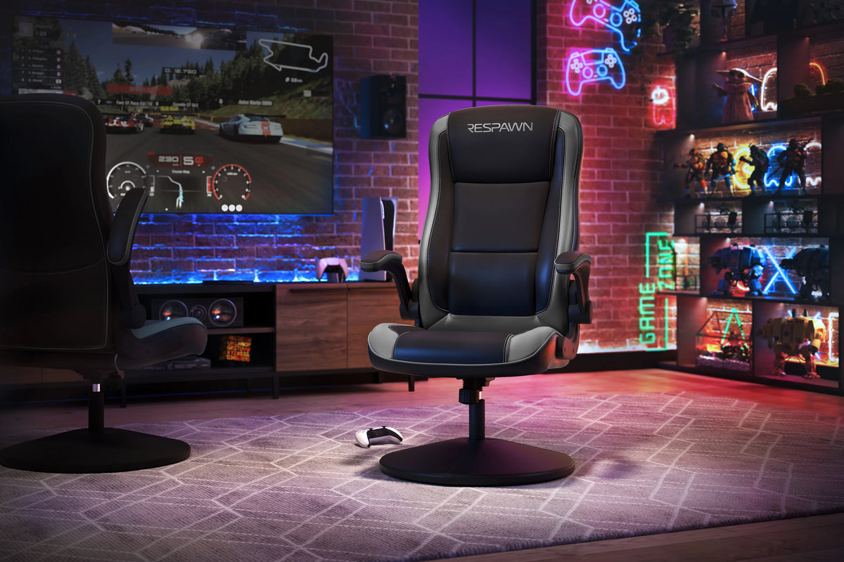 RESPAWN 800 Swivel Rocker Gaming Chair - Ergonomic Floor Gaming Seat with Lumbar Support, Flip Up Armrest, High Back, Pedestal Base, Comfortable No Wheels Console Video Game Rocker Chair - Red