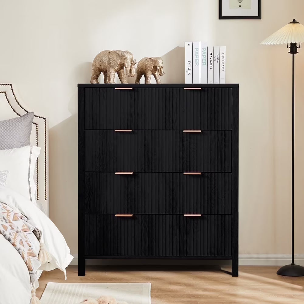 YOCWO Fluted Nightstand for Bedroom Set of 2 , Wood Bedside Table Set of 2 with Drawers, Black