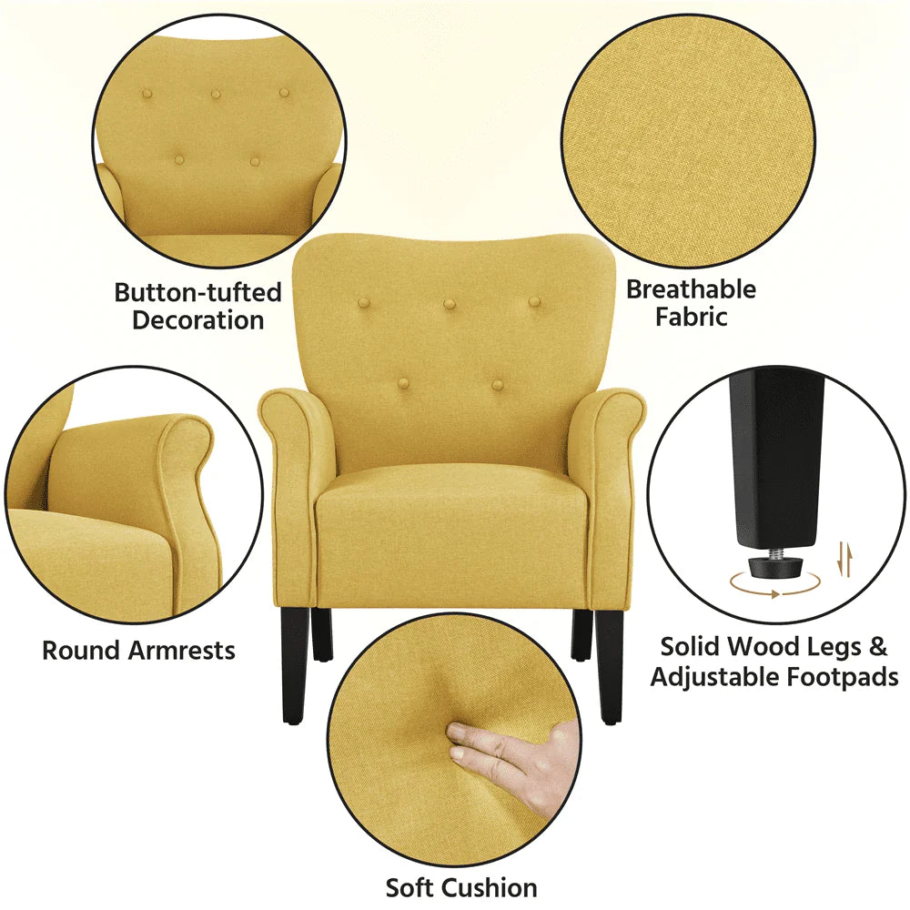 Topeakmart Modern Upholstered Accent Chair Roll Arm Single Sofa with Wooden Leg, Yellow